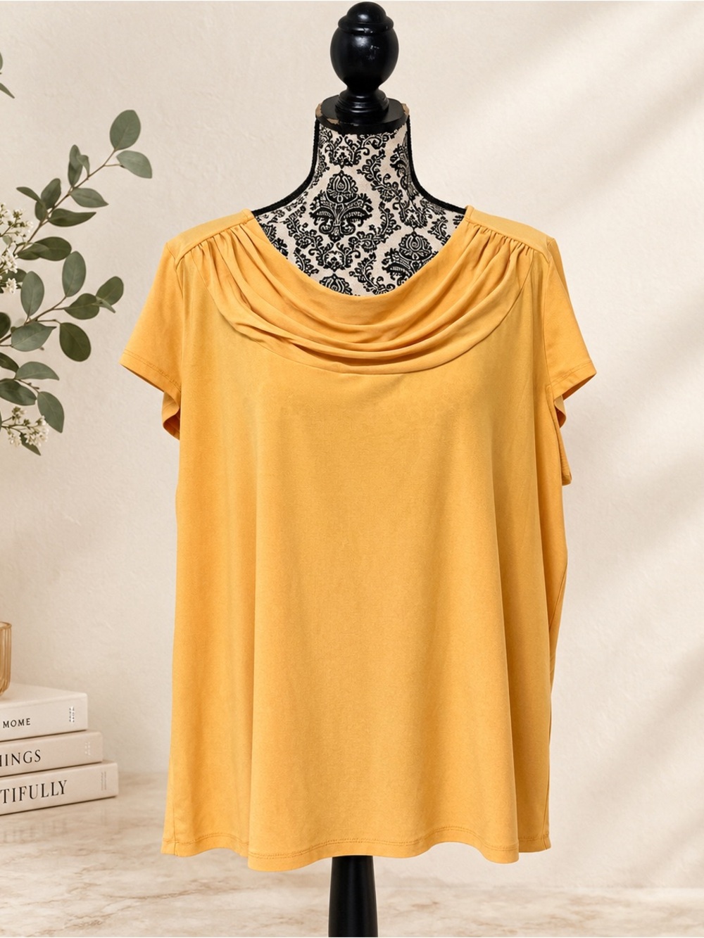 Kasper Mustard Draped Cowl Neck Short Sleeve Top